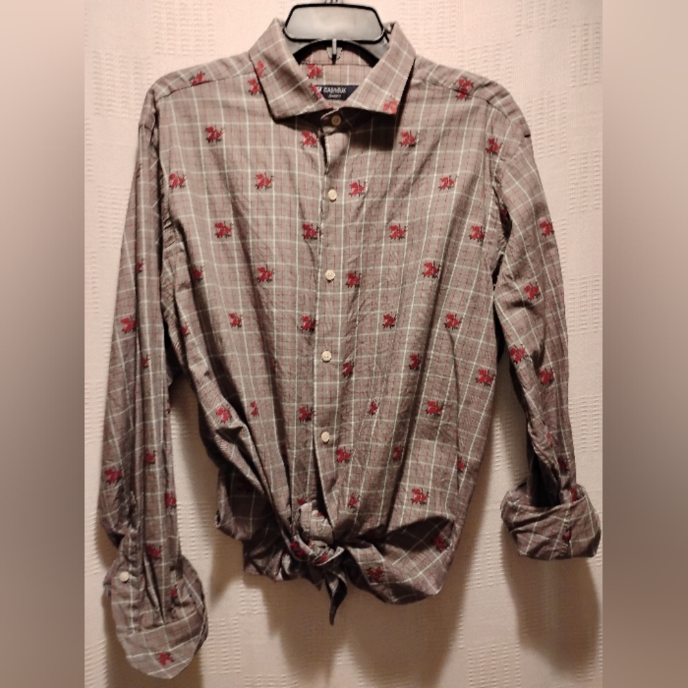 Cremioux Classics Embroidered Gray With Red Roses Button Down Shirt Size L